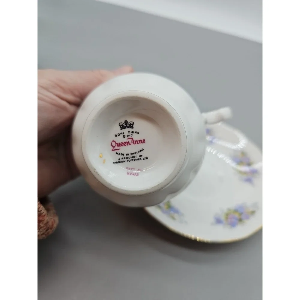 Queen Anne Teacup & Saucer Bone China England Blue mixed colors Floral Gold Trim